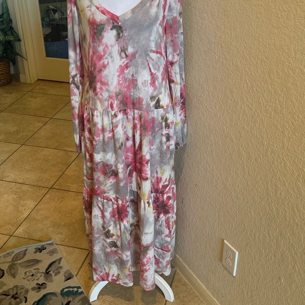 Sweet Lovely By Jen Size L Long Sleeve Babydoll Dress Gray Pink Tie Dye Comfy